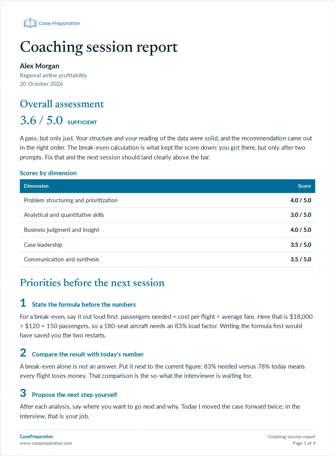 First page of an example coaching session report: overall assessment 3.6 out of 5, Sufficient, scores on five dimensions and three priorities before the next session.