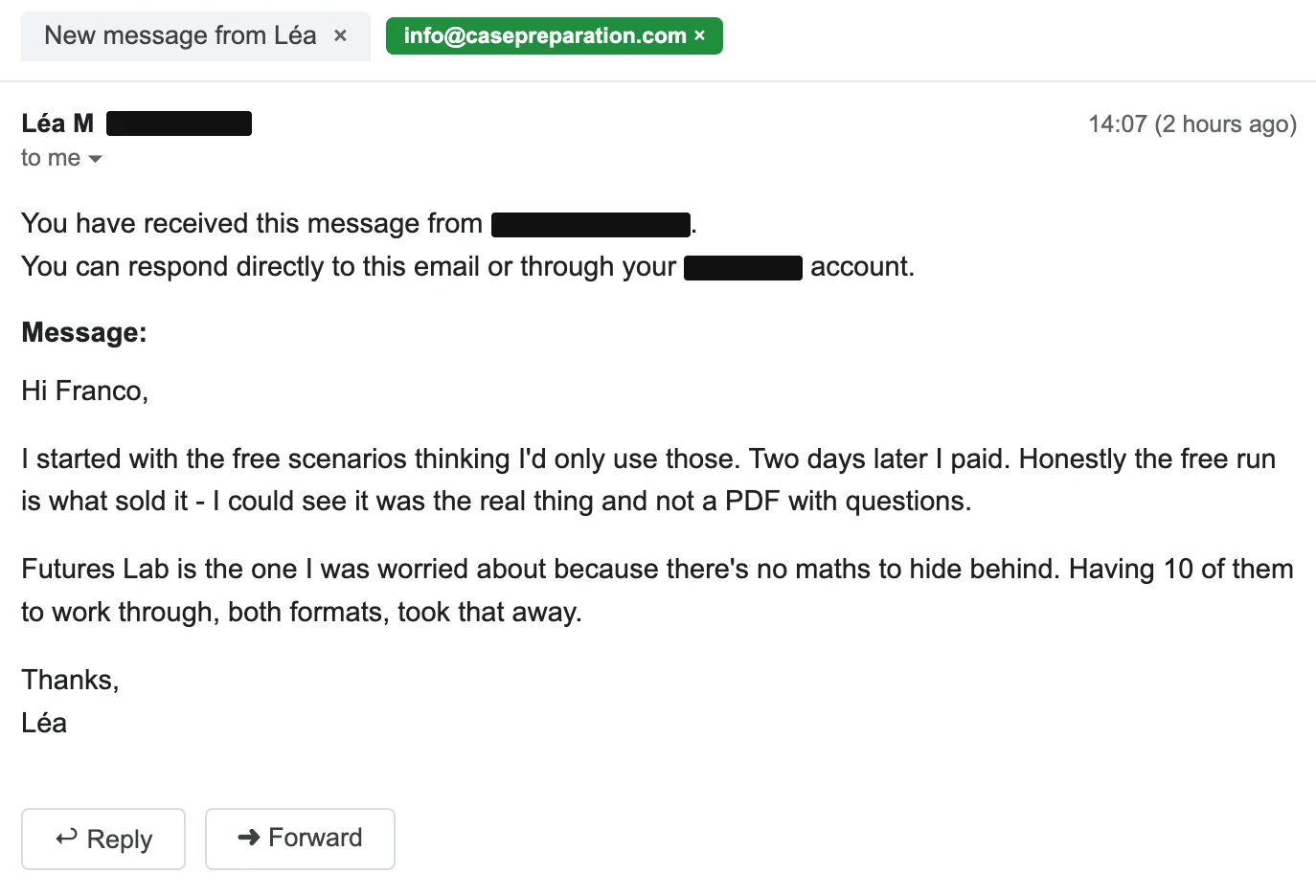 Léa, Website form. Free practice and learning the format