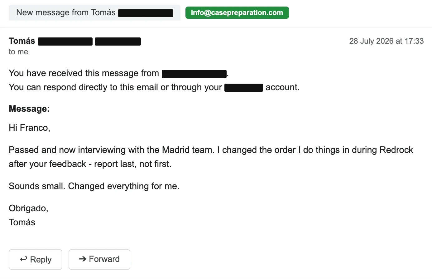 Tomás, Website form. Redrock practice and Madrid interviews