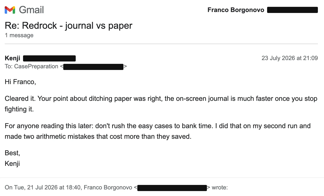 Kenji, Gmail. Using the Redrock journal