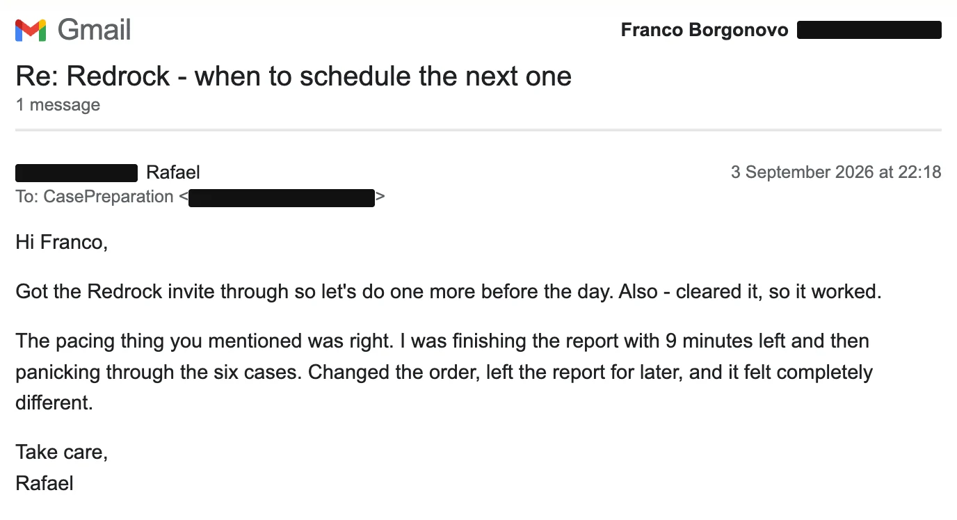 Rafael, Gmail. Redrock timing
