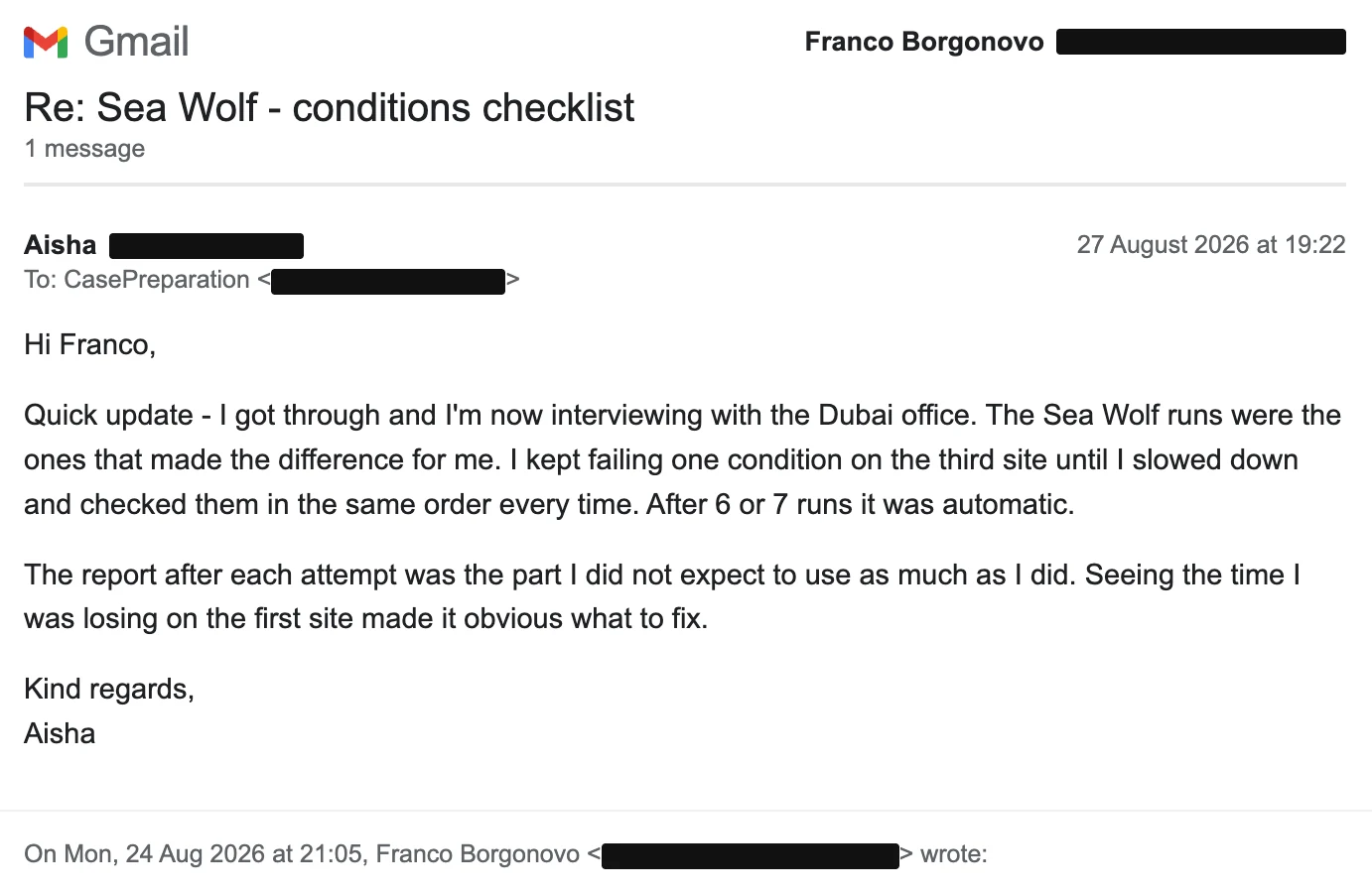 Aisha, Gmail. Sea Wolf practice and Dubai interviews